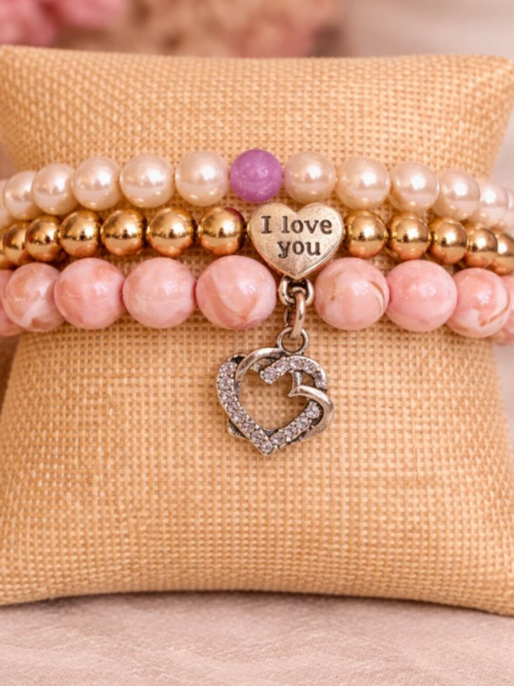Pink Turquoise Pearl Bracelet Set 3pc Silver Heart Charm Gift Ready Jewelry